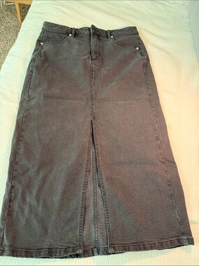 LOFT Black Denim Midi Skirt with Center Front Slit